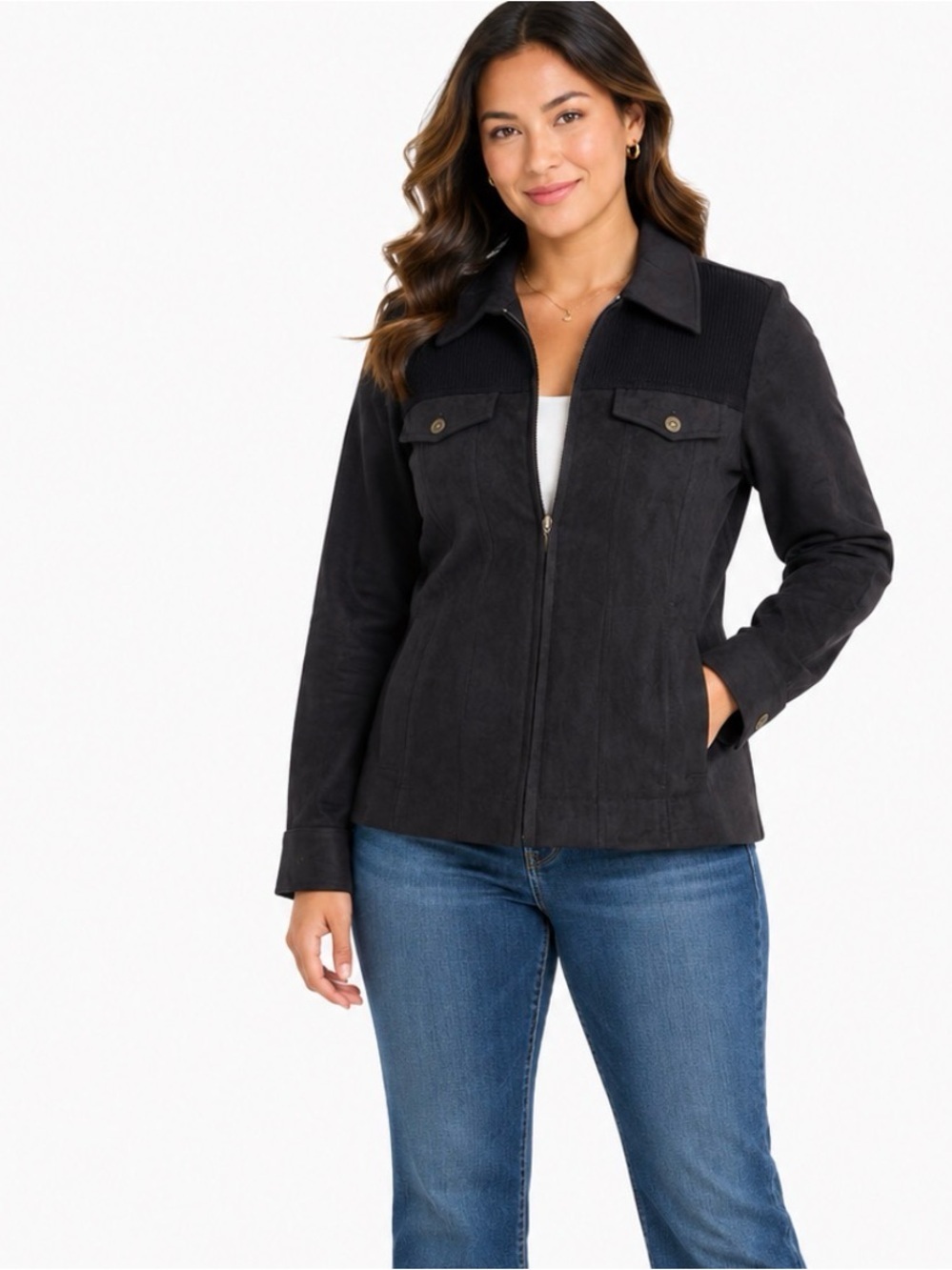 Allison Daley Black jacket faux Suede Zip-Front Women's Jacket moto style SZ 8P